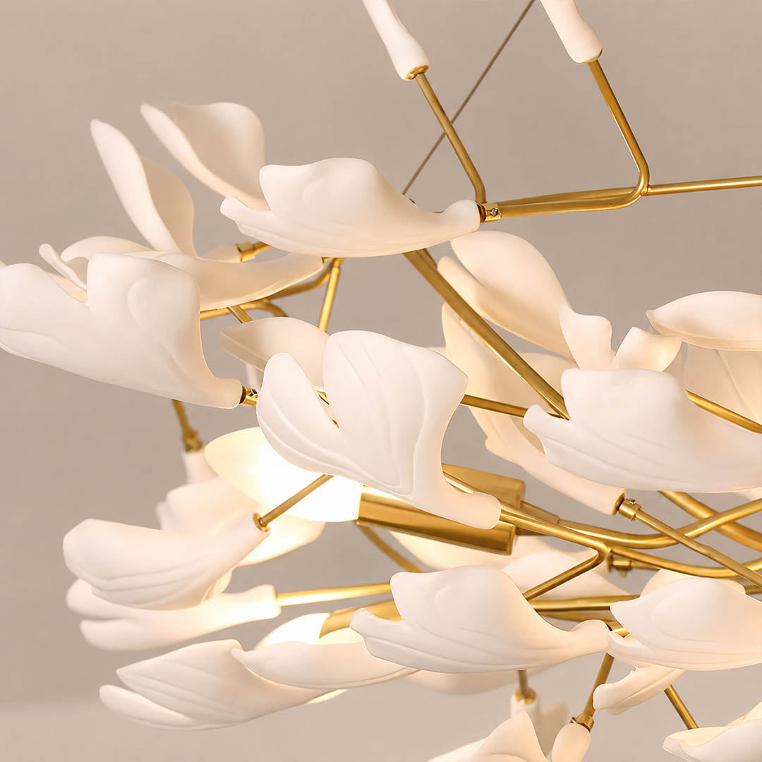 Gingko Chandelier Style G single ceramic hand glazed porcelain ginkgo leaf matte white botanical detail close up craftsmanship