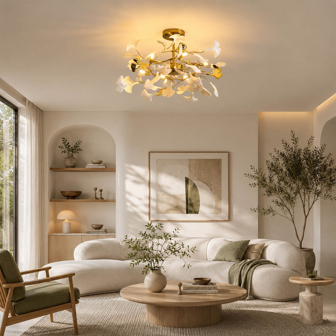 Gingko Chandelier Style G round drum Model B deeper 33.5 inch modern living room seating group statement mid century warm ambient sculptural botanical lifestyle interior