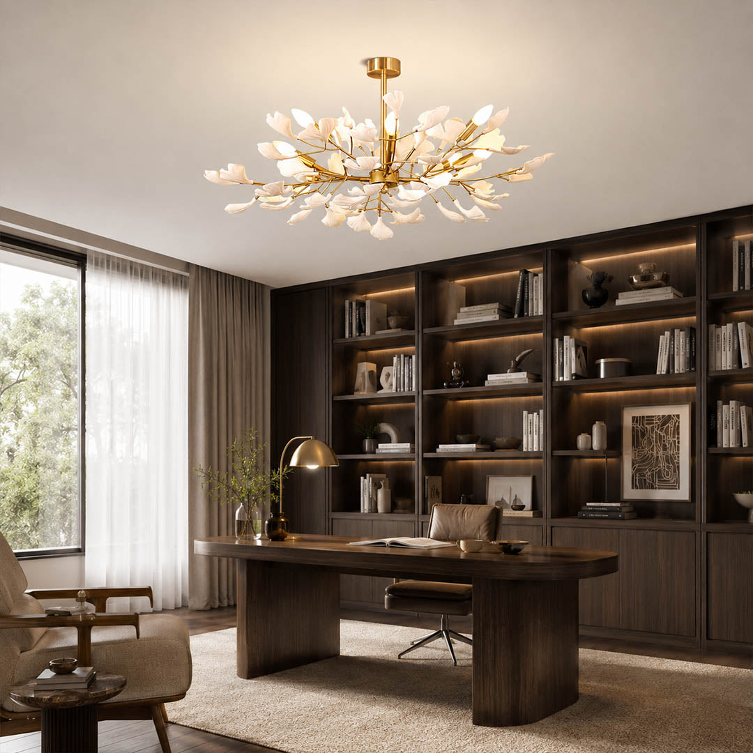 Gingko Chandelier Style G round drum Model A 47.2 inch modern dining room round walnut table 8 seat statement mid century warm ambient sculptural botanical elegant lifestyle interior