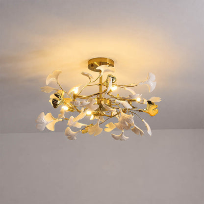 Gingko Chandelier Style G round drum Model A 23.6 inch handcrafted porcelain ginkgo leaves Rose Gold frame ceramic 6 G9 sockets modern mid century residential dining foyer entryway white background