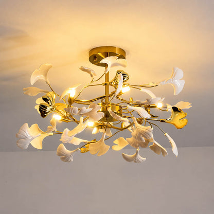 Gingko Chandelier Style G round drum Model A 39.4 inch handcrafted porcelain ginkgo leaves Rose Gold frame ceramic 10 G9 sockets modern mid century statement dining living foyer white background