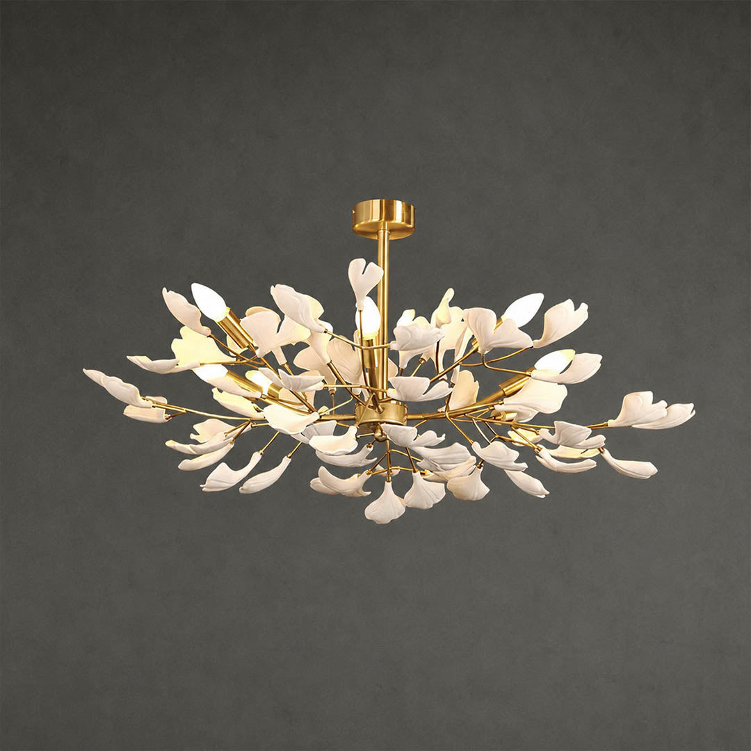 Gingko Chandelier Style G round drum Model B deeper 25.6 inch handcrafted porcelain ginkgo leaves Rose Gold frame ceramic 6 G9 sockets modern mid century dining foyer entryway sculptural white background
