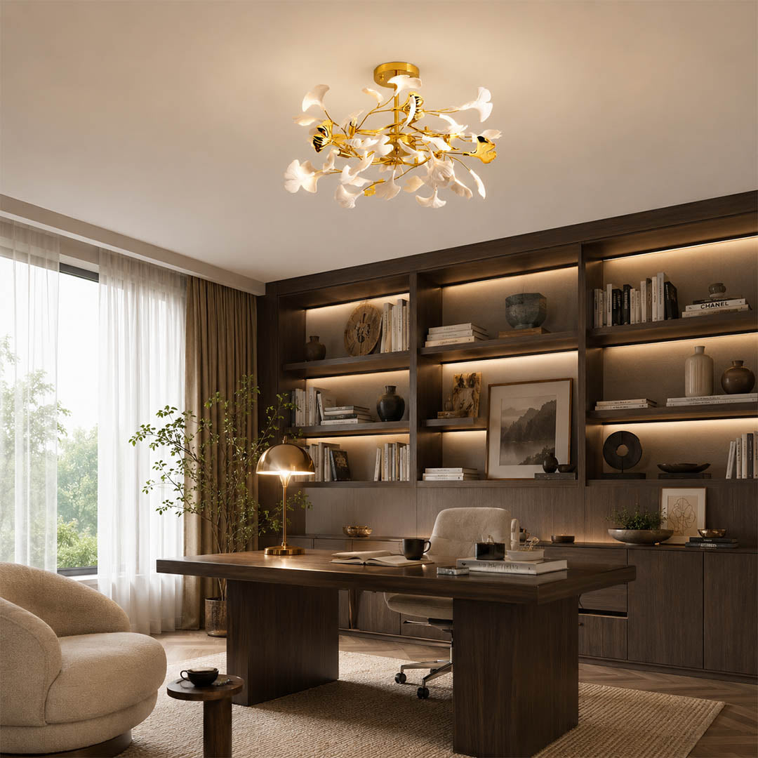 Gingko Chandelier Style G round drum Model A 47.2 inch modern dining room round walnut table 8 seat statement mid century warm ambient sculptural botanical elegant lifestyle interior