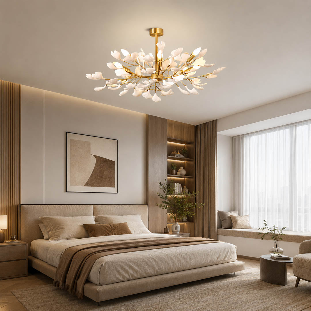 Gingko Chandelier Style G round drum Model A 47.2 inch modern dining room round walnut table 8 seat statement mid century warm ambient sculptural botanical elegant lifestyle interior