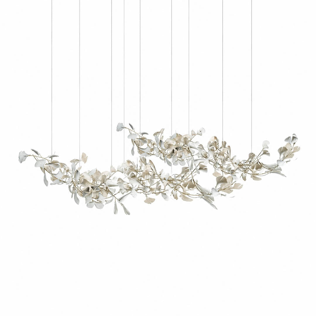 Gingko Chandelier Style H rectangular volume 78.7 inch cube proportion handcrafted porcelain ginkgo leaves Rose Gold frame ceramic G9 modern mid century formal dining kitchen island white background