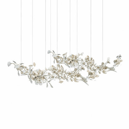 Gingko Chandelier Style H rectangular volume 78.7 inch cube proportion handcrafted porcelain ginkgo leaves Rose Gold frame ceramic G9 modern mid century formal dining kitchen island white background