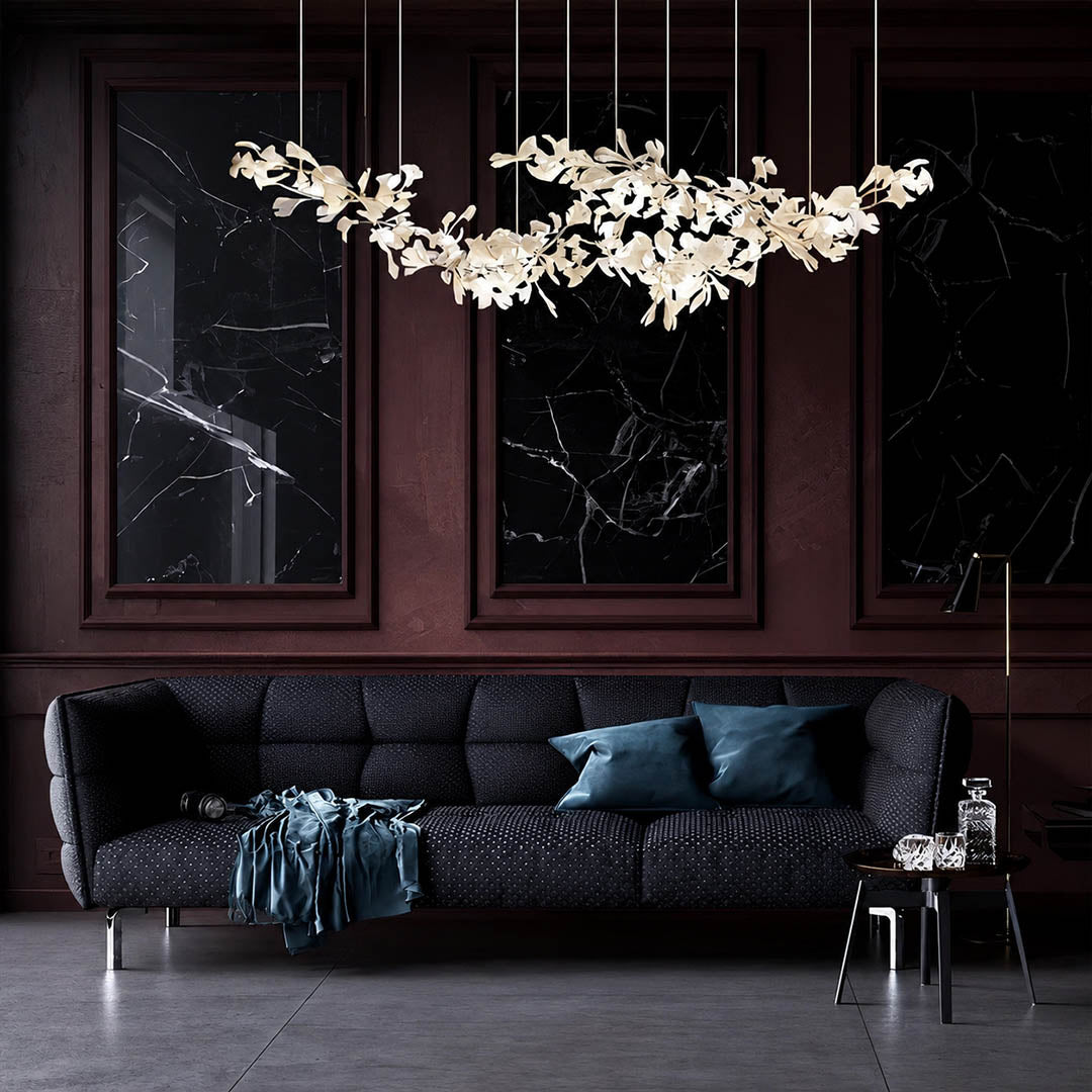 Gingko Chandelier Style H rectangular 118.1 inch music room grand piano living statement mid century modern sculptural botanical warm ambient lifestyle interior