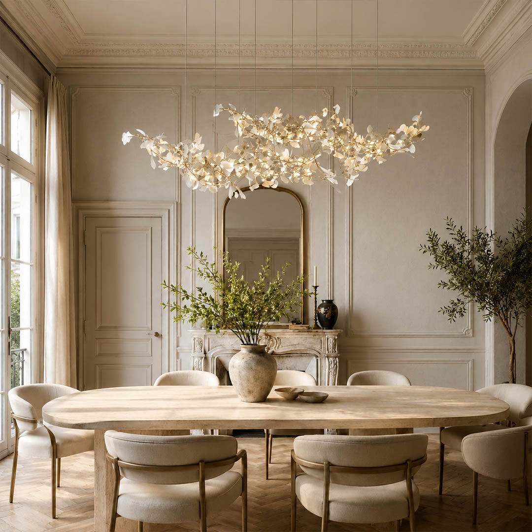 Gingko Chandelier Style H rectangular 118.1 inch fine dining restaurant private dining 12 seat hospitality commercial mid century modern warm ambient botanical lifestyle interior