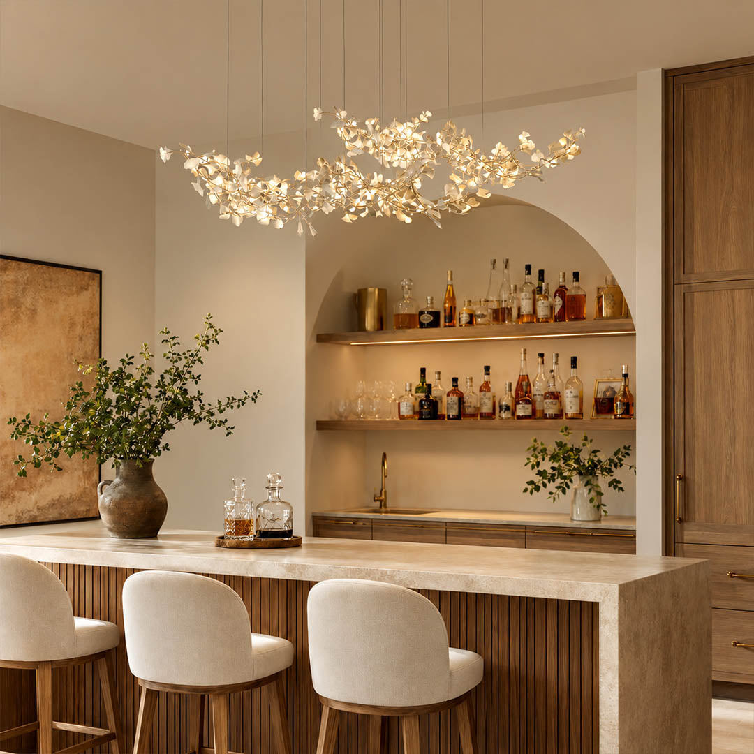 Gingko Chandelier Style H rectangular 98.4 inch home bar counter marble wood mid century modern warm ambient sculptural lifestyle interior