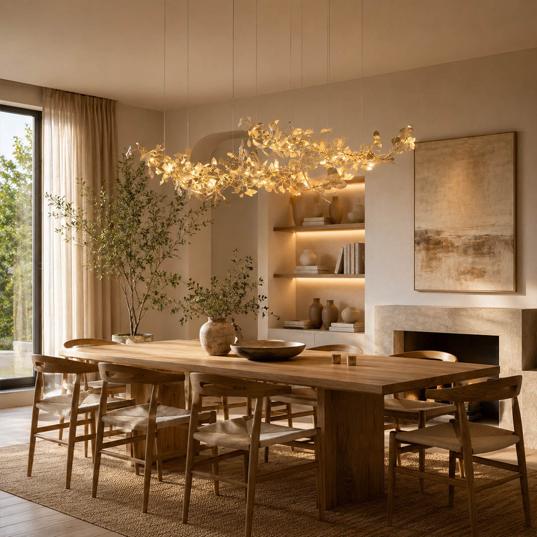 Gingko Chandelier Style H rectangular 98.4 inch modern formal dining room 10 seat long walnut table statement mid century warm ambient sculptural elegant lifestyle interior