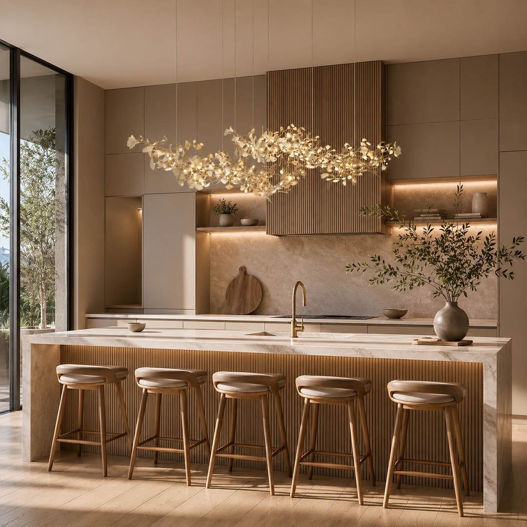 Gingko Chandelier Style H rectangular 78.7 inch modern kitchen island marble counter mid century warm ambient statement botanical lifestyle interior