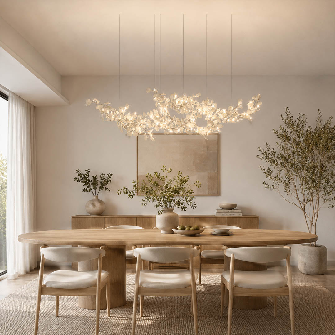 Gingko Chandelier Style H rectangular 98.4 inch modern formal dining room 10 seat long walnut table statement mid century warm ambient sculptural elegant lifestyle interior