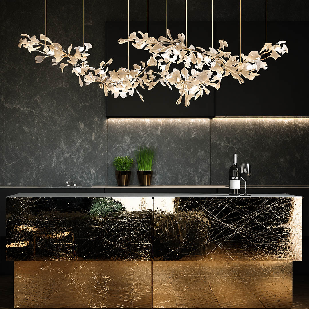 Gingko Chandelier Style H rectangular 98.4 inch home bar counter marble wood mid century modern warm ambient sculptural lifestyle interior
