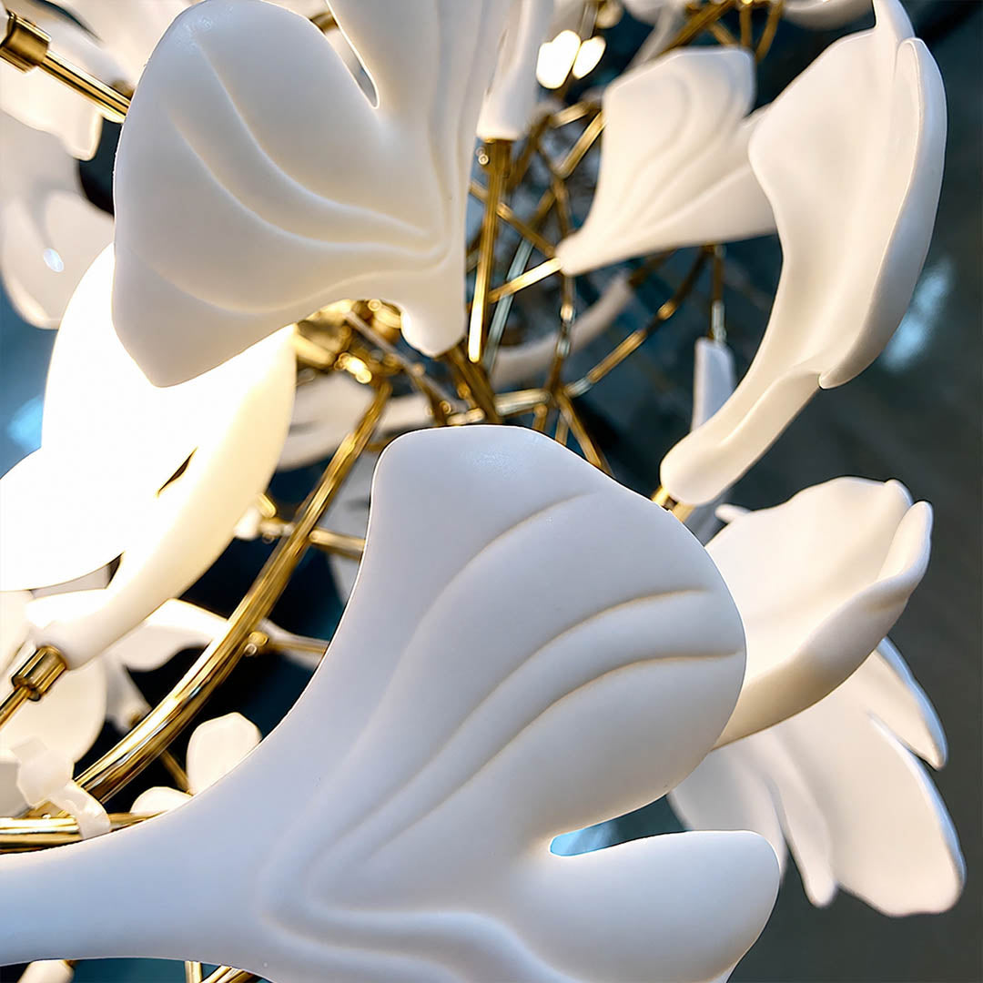 Gingko Chandelier Style H single ceramic hand glazed porcelain ginkgo leaf matte white botanical detail close up craftsmanship