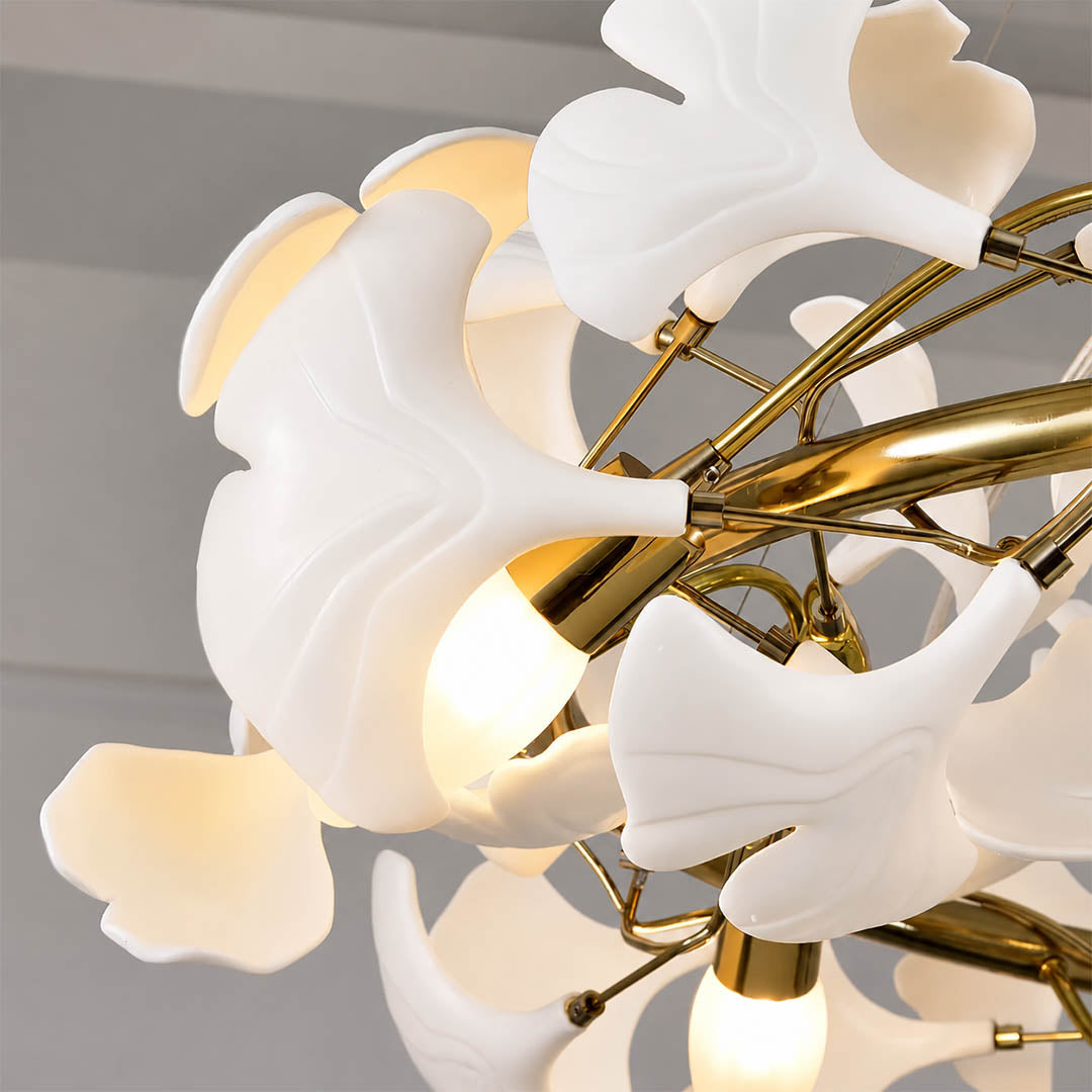 Gingko Chandelier Style H Rose Gold metal frame polished sophisticated warm pink gold finish detail close up architectural