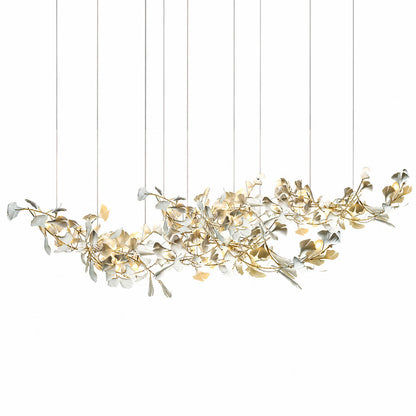 Gingko Chandelier Style H rectangular volume 118.1 inch handcrafted porcelain ginkgo leaves Rose Gold frame ceramic E12 candelabra modern mid century 12 seat banquet formal dining commercial statement white background