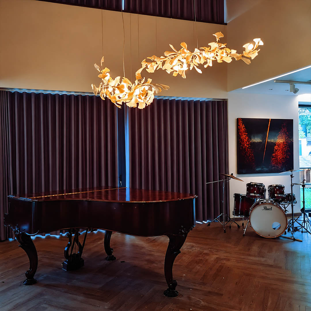 Gingko Chandelier Style H rectangular 118.1 inch music room grand piano living statement mid century modern sculptural botanical warm ambient lifestyle interior