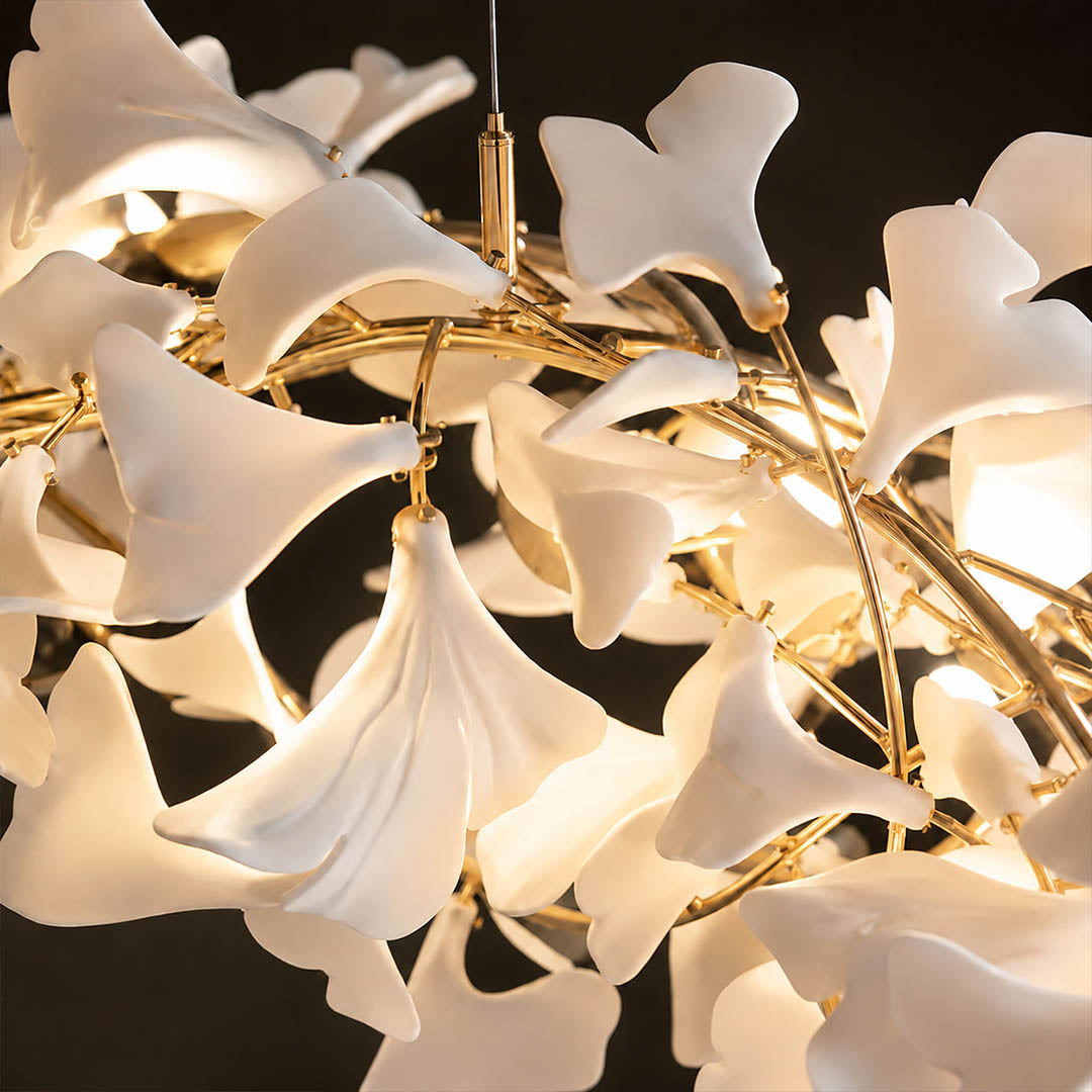 Gingko Chandelier Style H single ceramic hand glazed porcelain ginkgo leaf matte white botanical detail close up craftsmanship