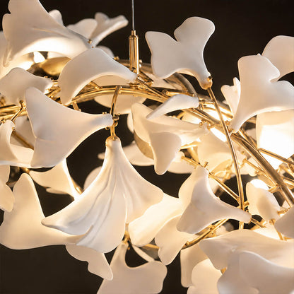Gingko Chandelier Style H single ceramic hand glazed porcelain ginkgo leaf matte white botanical detail close up craftsmanship