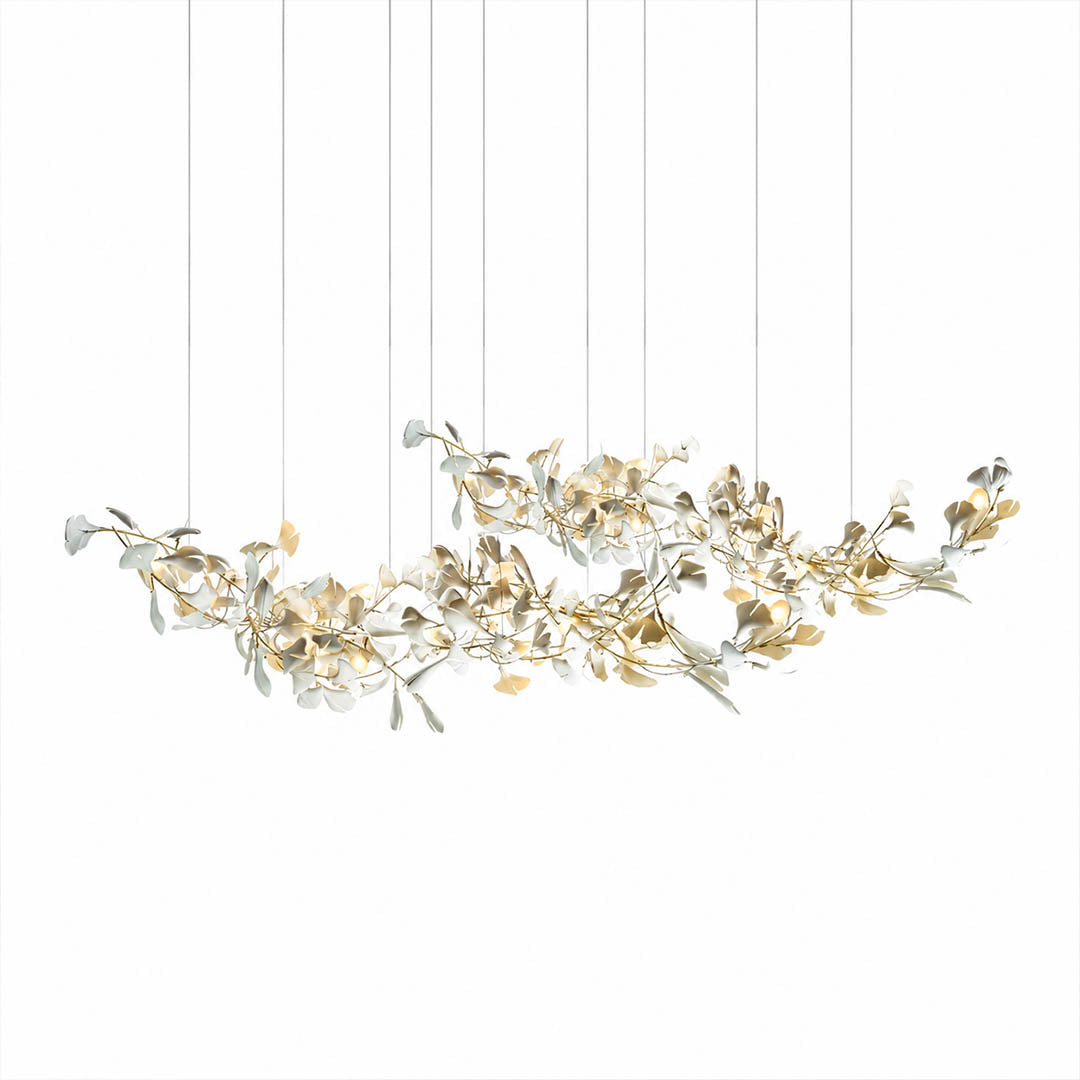 Gingko Chandelier Style H rectangular volume 78.7 inch cube proportion handcrafted porcelain ginkgo leaves Rose Gold frame ceramic G9 modern mid century formal dining kitchen island white background