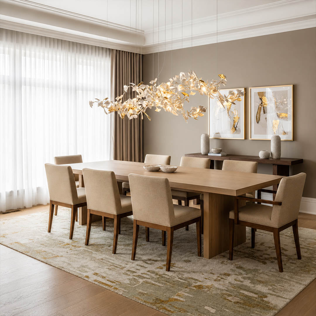 Gingko Chandelier Style H rectangular 118.1 inch executive corporate conference room long table boardroom mid century modern architectural sculptural botanical warm ambient lifestyle interior