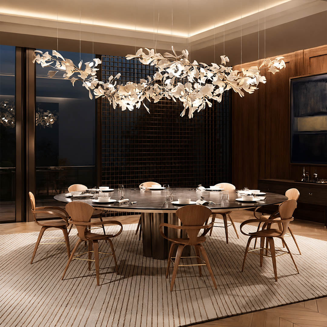 Gingko Chandelier Style H rectangular 118.1 inch fine dining restaurant private dining 12 seat hospitality commercial mid century modern warm ambient botanical lifestyle interior