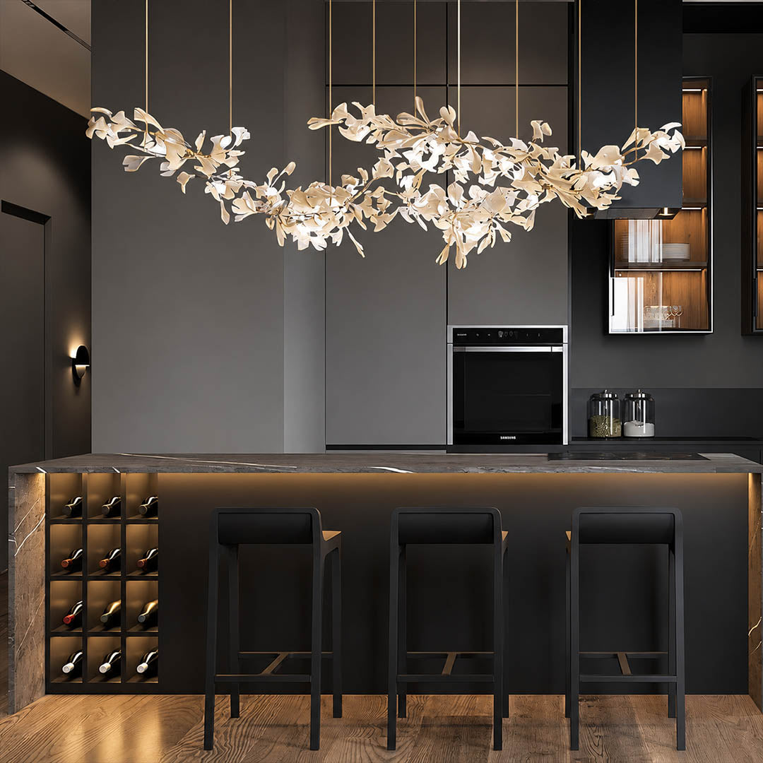 Gingko Chandelier Style H rectangular 98.4 inch home bar counter marble wood mid century modern warm ambient sculptural lifestyle interior
