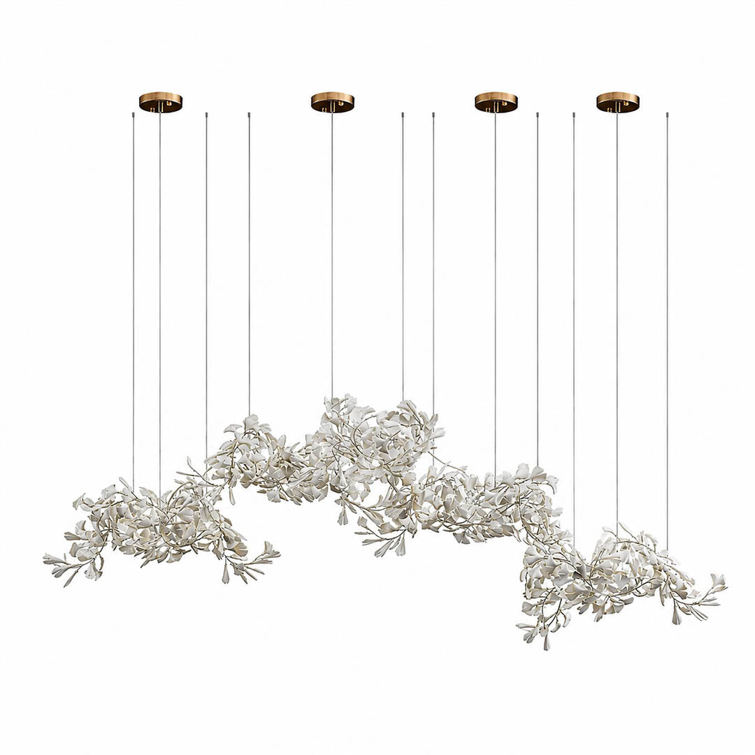 Gingko Chandelier Style I linear vertical 118.1 inch spliced 4 piece composite handcrafted porcelain ginkgo leaves Rose Gold frame ceramic E12 candelabra sockets modern mid century tall banquet foyer statement white background