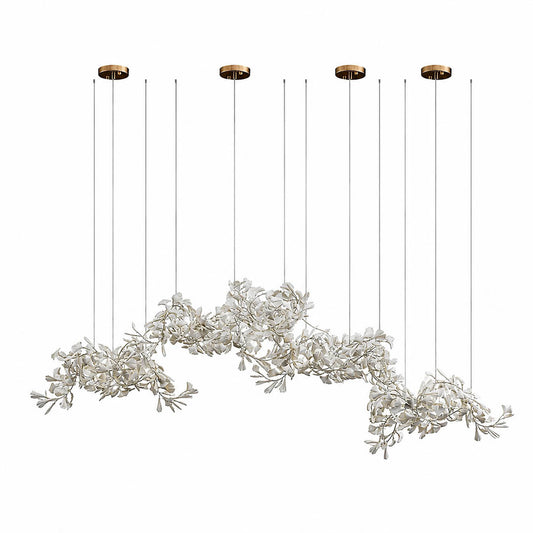 Gingko Chandelier Style I linear vertical 118.1 inch spliced 4 piece composite handcrafted porcelain ginkgo leaves Rose Gold frame ceramic E12 candelabra sockets modern mid century tall banquet foyer statement white background