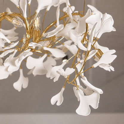 Gingko Chandelier Style I single ceramic hand glazed porcelain ginkgo leaf matte white botanical detail close up craftsmanship