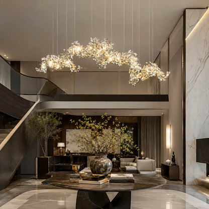 Gingko Chandelier Style I linear vertical 78.7 inch tall modern living room double height seating group statement mid century sculptural botanical warm ambient lifestyle interior