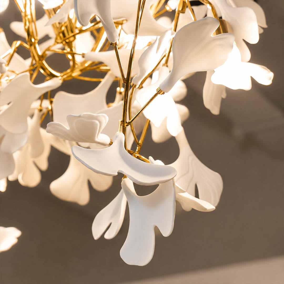 Gingko Chandelier Style I single ceramic hand glazed porcelain ginkgo leaf matte white botanical detail close up craftsmanship