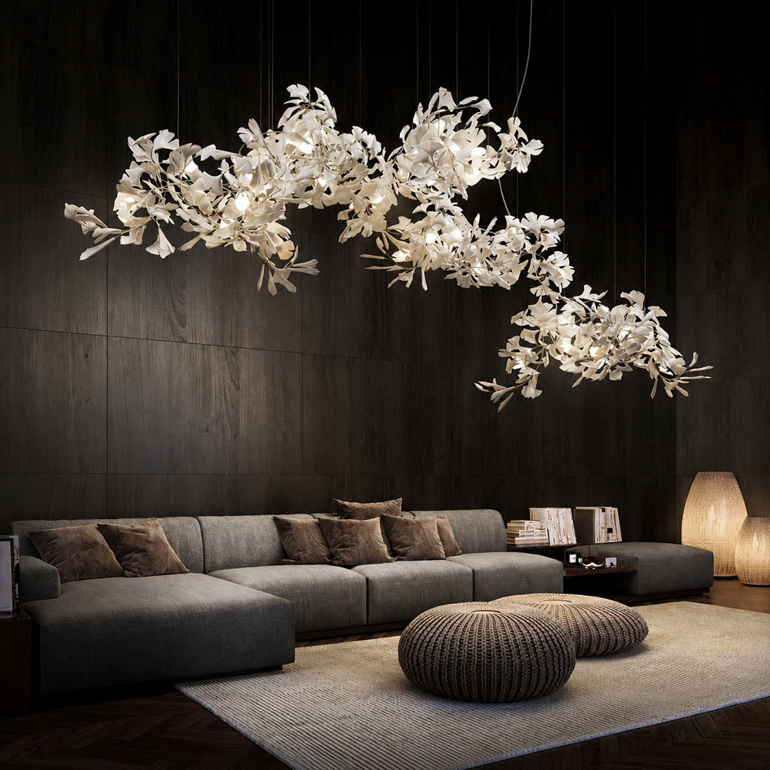 Gingko Chandelier Style I linear vertical 137 inch grand ballroom banquet hall hospitality commercial statement mid century modern architectural sculptural botanical warm ambient lifestyle interior