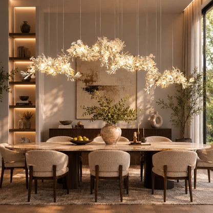 Gingko Chandelier Style I linear vertical 98.4 inch fine dining restaurant private dining 10 seat hospitality commercial mid century modern warm ambient botanical lifestyle interior