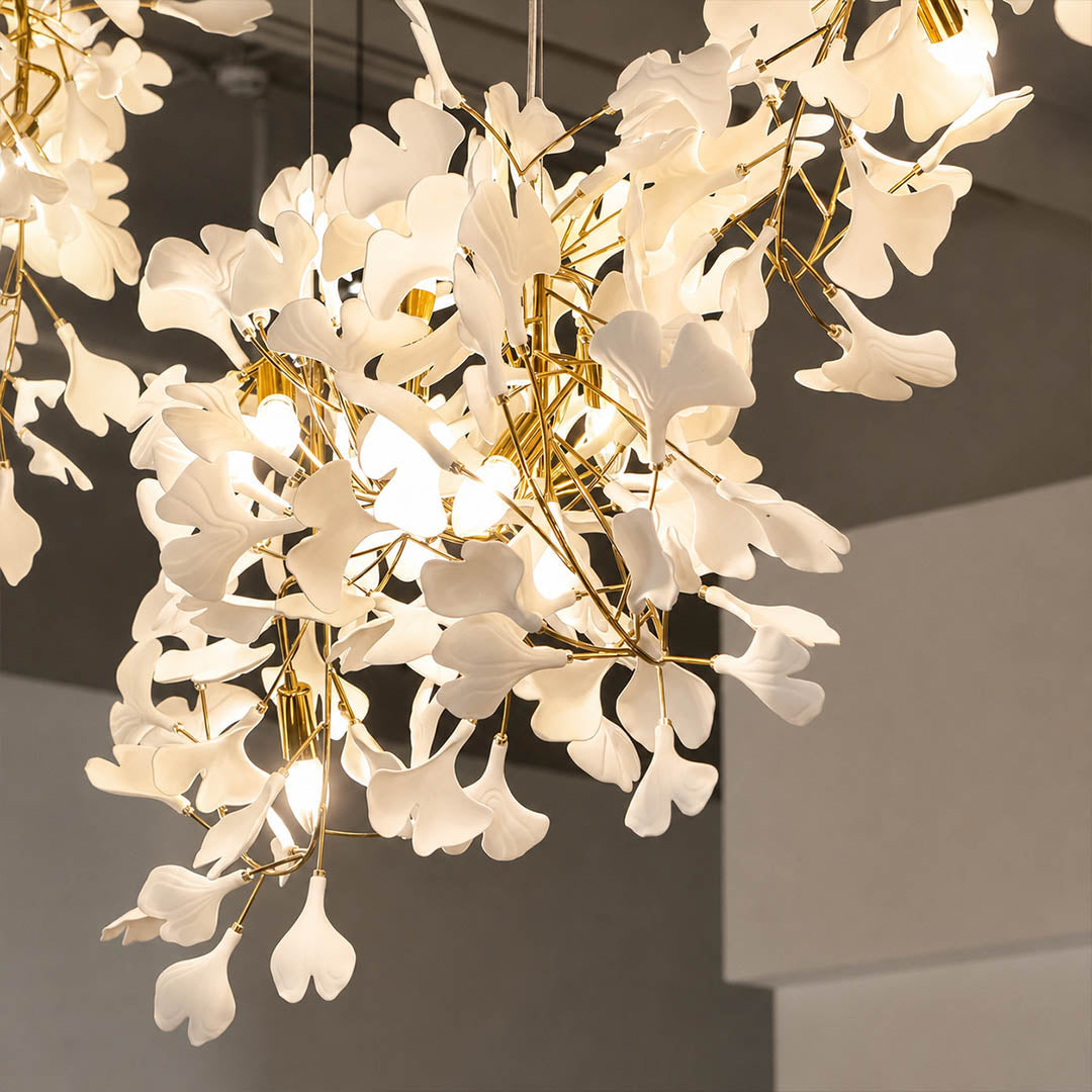 Gingko Chandelier Style I 4 piece composite spliced modular multi light structure junction box installation architectural detail close up
