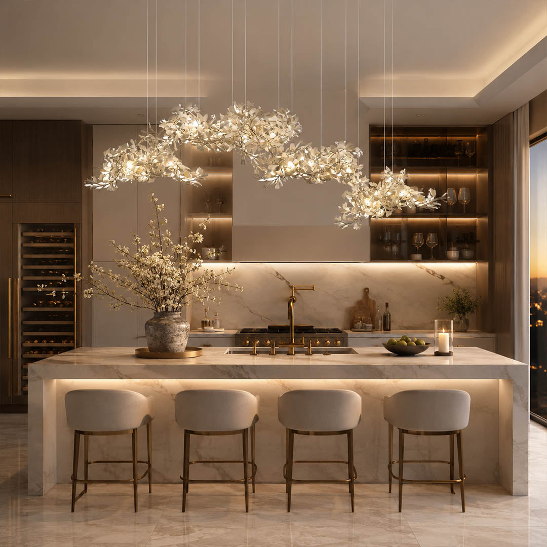 Gingko Chandelier Style I linear vertical 98.4 inch tall modern dining room double height 10 seat long walnut table statement mid century warm ambient sculptural elegant lifestyle interior