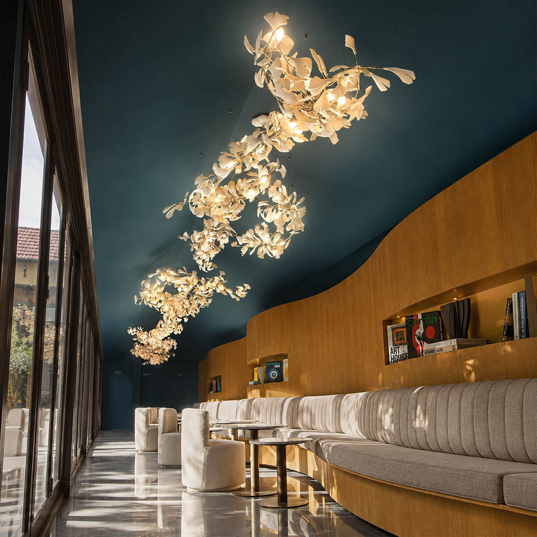 Gingko Chandelier Style I linear vertical 137 inch grand ballroom banquet hall hospitality commercial statement mid century modern architectural sculptural botanical warm ambient lifestyle interior