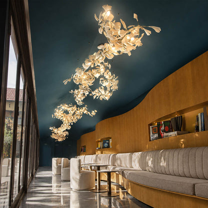 Gingko Chandelier Style I linear vertical 137 inch grand ballroom banquet hall hospitality commercial statement mid century modern architectural sculptural botanical warm ambient lifestyle interior