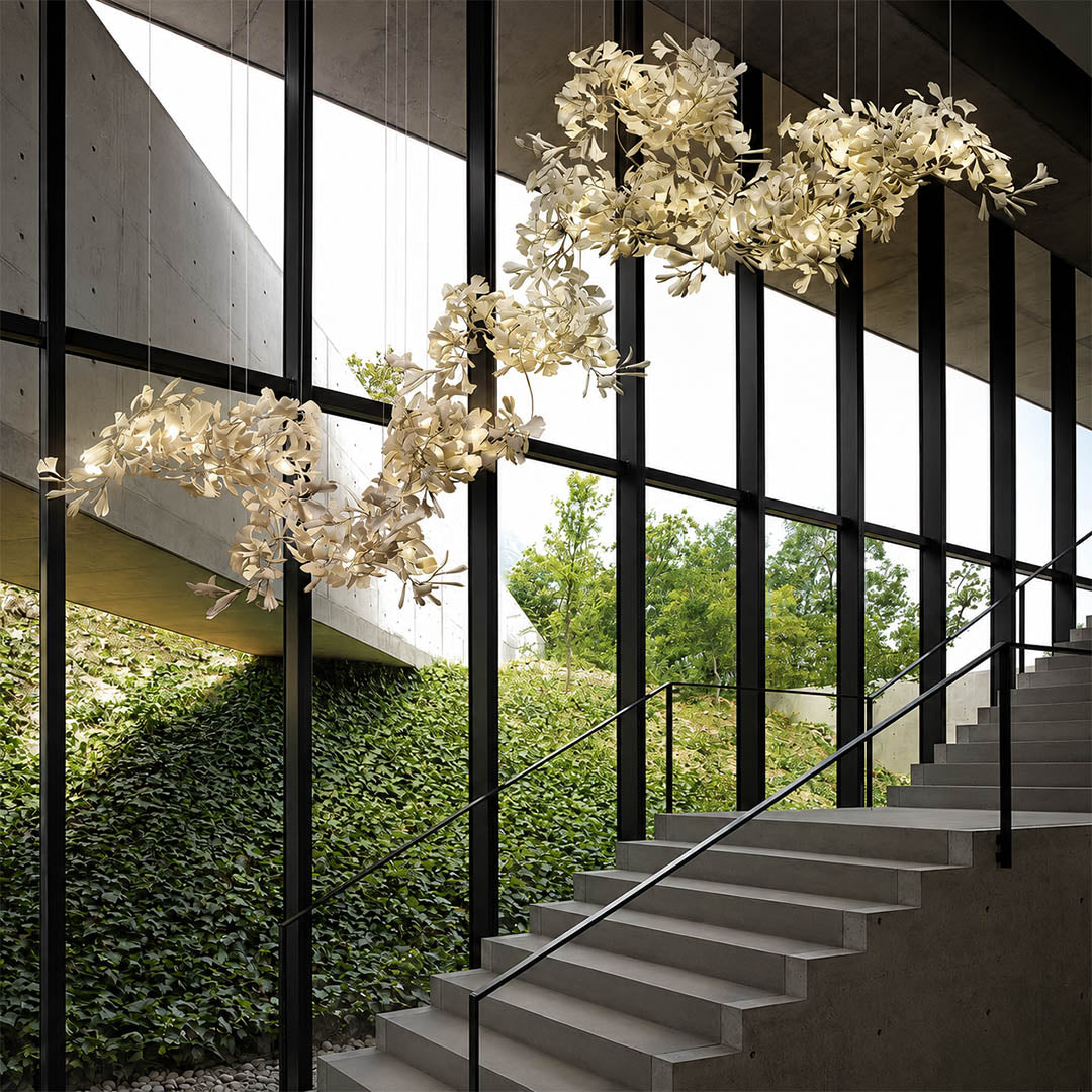 Gingko Chandelier Style I linear vertical 118.1 inch 3 story staircase open volume architectural statement mid century modern sculptural botanical warm ambient lifestyle interior