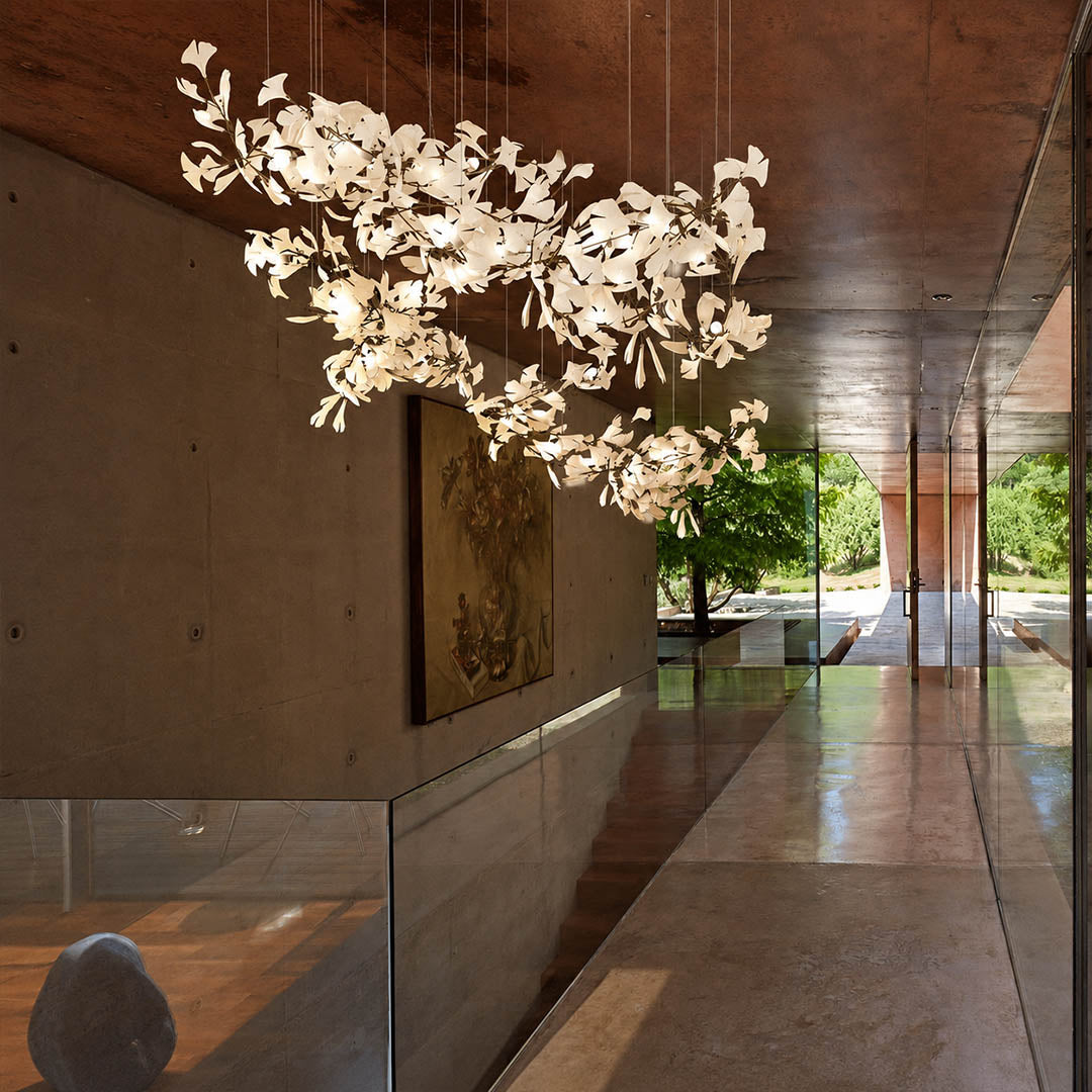 Gingko Chandelier Style I linear vertical 118.1 inch boutique hotel lobby hospitality commercial statement mid century modern architectural botanical warm ambient lifestyle interior