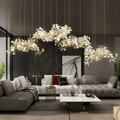 Gingko Chandelier Style I linear vertical 78.7 inch tall modern living room double height seating group statement mid century sculptural botanical warm ambient lifestyle interior