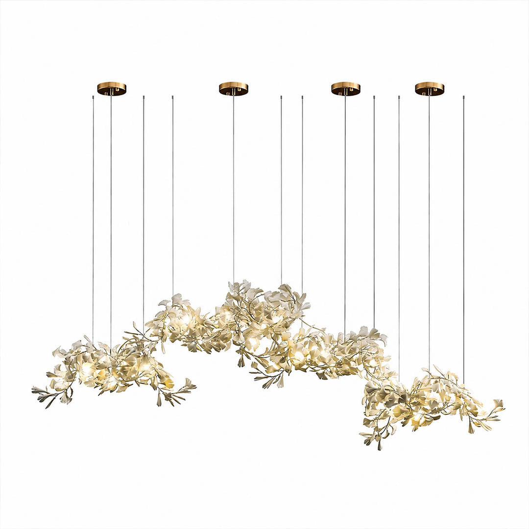 Gingko Chandelier Style I linear vertical 137 inch spliced 4 piece composite handcrafted porcelain ginkgo leaves Rose Gold frame ceramic E12 candelabra sockets architectural mid century grand atrium hotel commercial white background