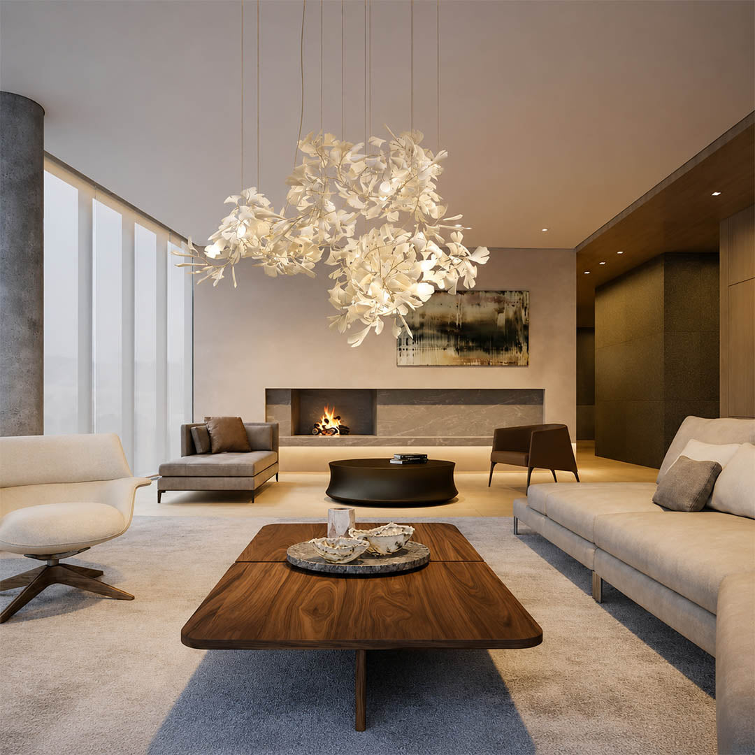Gingko Chandelier Style I linear vertical 98.4 inch fine dining restaurant private dining 10 seat hospitality commercial mid century modern warm ambient botanical lifestyle interior