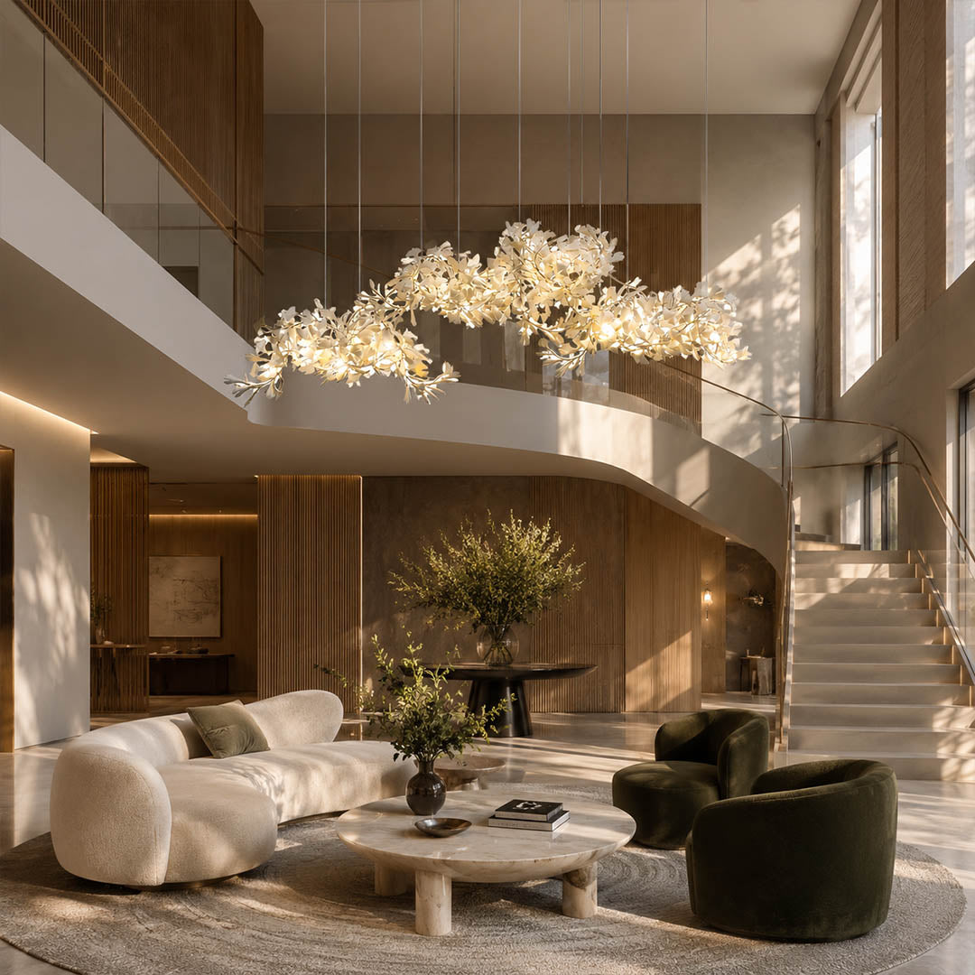 Gingko Chandelier Style I linear vertical 118.1 inch 3 story staircase open volume architectural statement mid century modern sculptural botanical warm ambient lifestyle interior