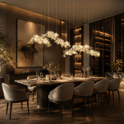 Gingko Chandelier Style I linear vertical 98.4 inch fine dining restaurant private dining 10 seat hospitality commercial mid century modern warm ambient botanical lifestyle interior