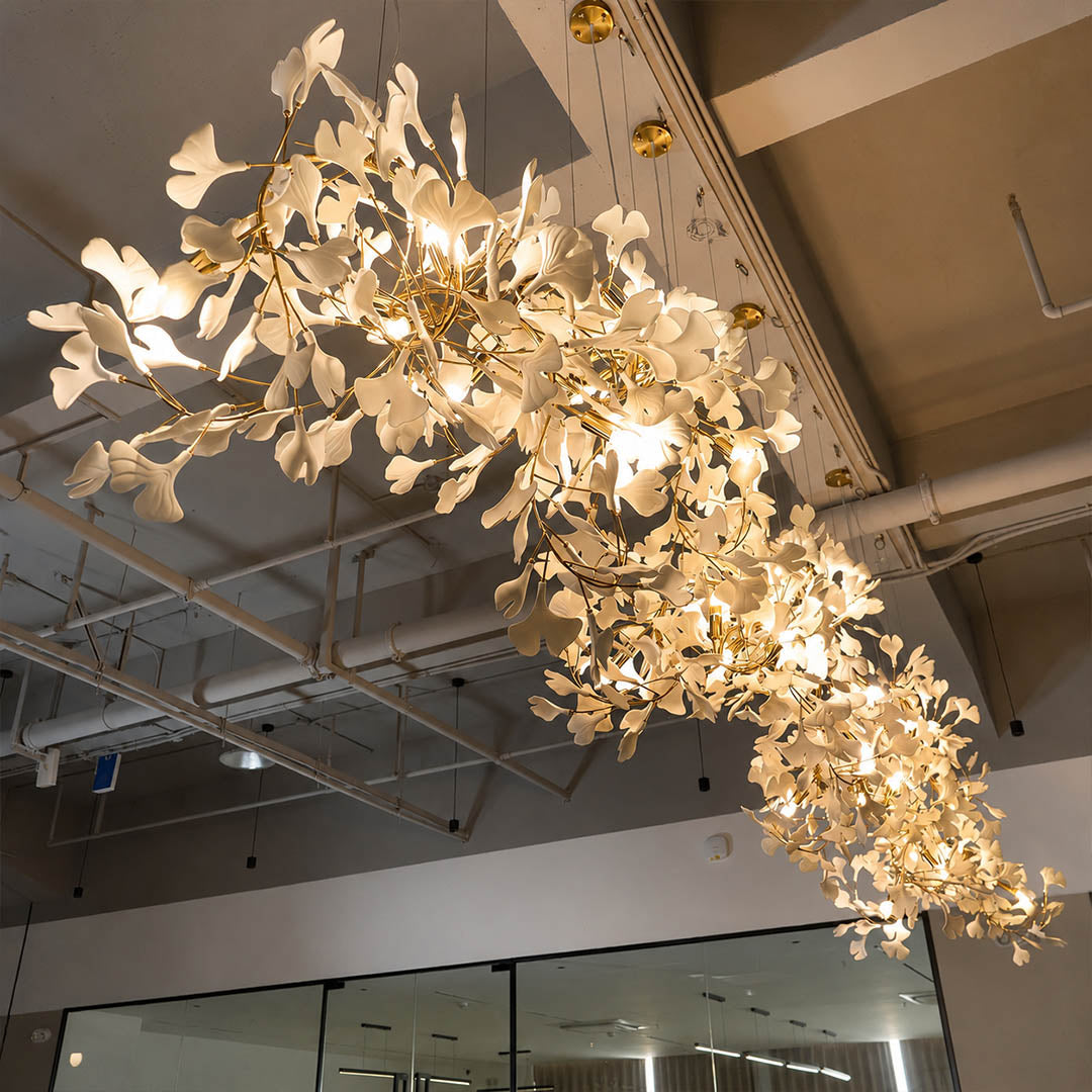 Gingko Chandelier Style I linear vertical 98.4 inch tall modern dining room double height 10 seat long walnut table statement mid century warm ambient sculptural elegant lifestyle interior