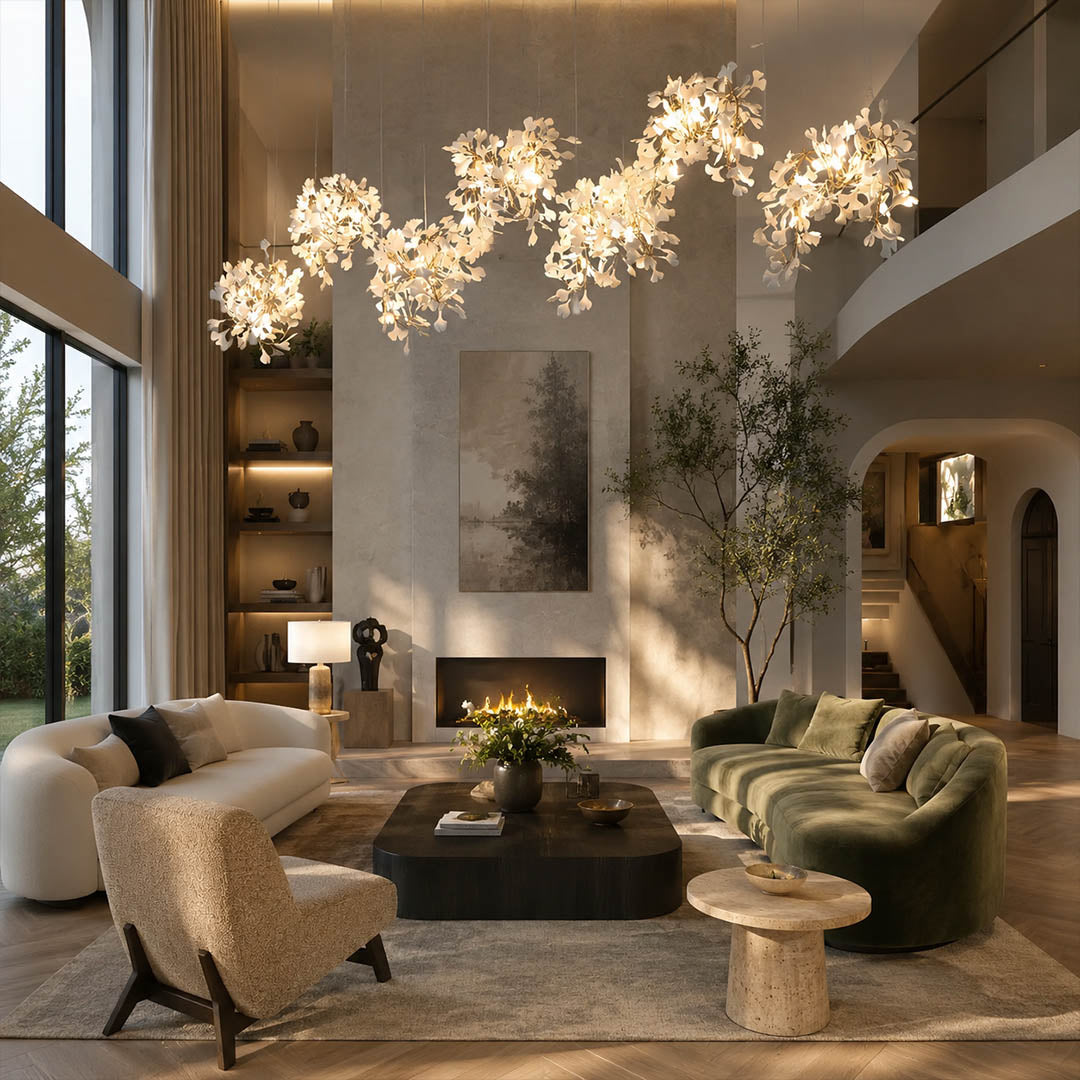 Gingko Chandelier Style I linear vertical 78.7 inch tall modern living room double height seating group statement mid century sculptural botanical warm ambient lifestyle interior