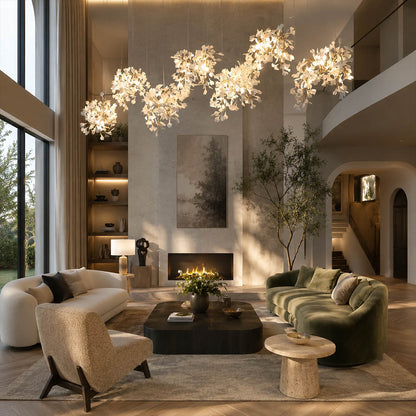Gingko Chandelier Style I linear vertical 78.7 inch tall modern living room double height seating group statement mid century sculptural botanical warm ambient lifestyle interior