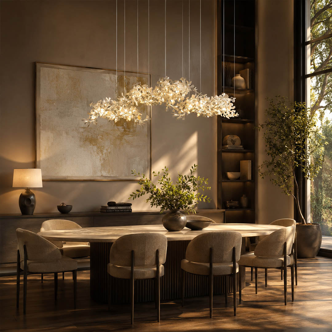 Gingko Chandelier Style I linear vertical 98.4 inch fine dining restaurant private dining 10 seat hospitality commercial mid century modern warm ambient botanical lifestyle interior