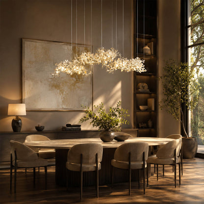 Gingko Chandelier Style I linear vertical 98.4 inch fine dining restaurant private dining 10 seat hospitality commercial mid century modern warm ambient botanical lifestyle interior